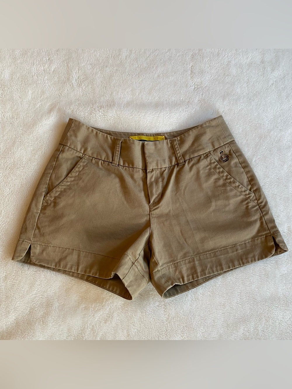 Khaki / Tan Cotton Trouser Mini Short Shorts -Mid Rise, Slant Pockets, 3” long